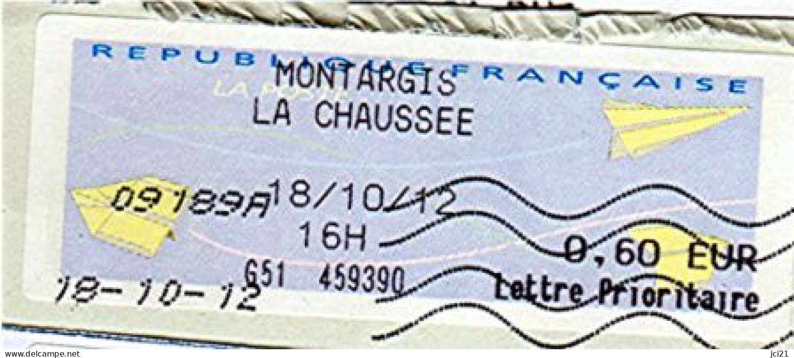 VIGNETTE ETIQUETTE DE GUICHET SUR ENVELOPPE ENTIÈRE - " MONTARGIS LA CHAUSSEE " (_E451) - 2000 « Avions En Papier »