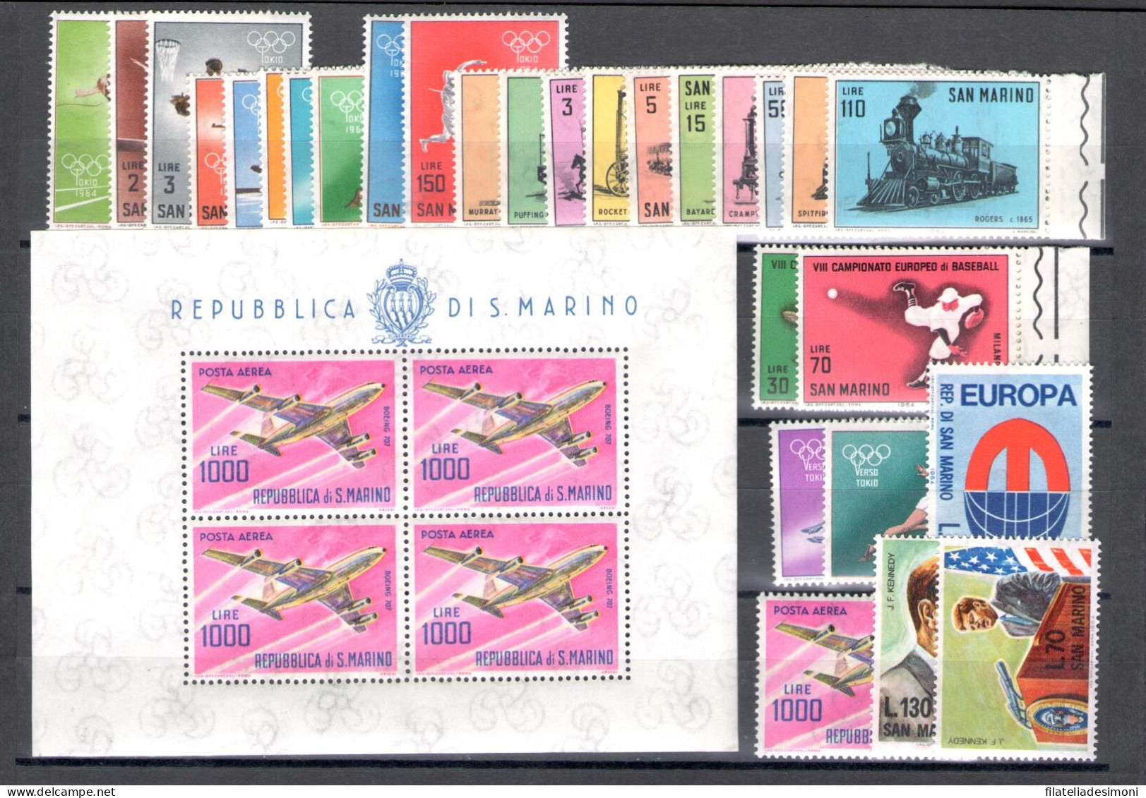 1964 San Marino Annata Completa, Francobolli Nuovi, 28 Valori + 1 Foglietto (Aerei Moderni) - MNH** - Volledig Jaar