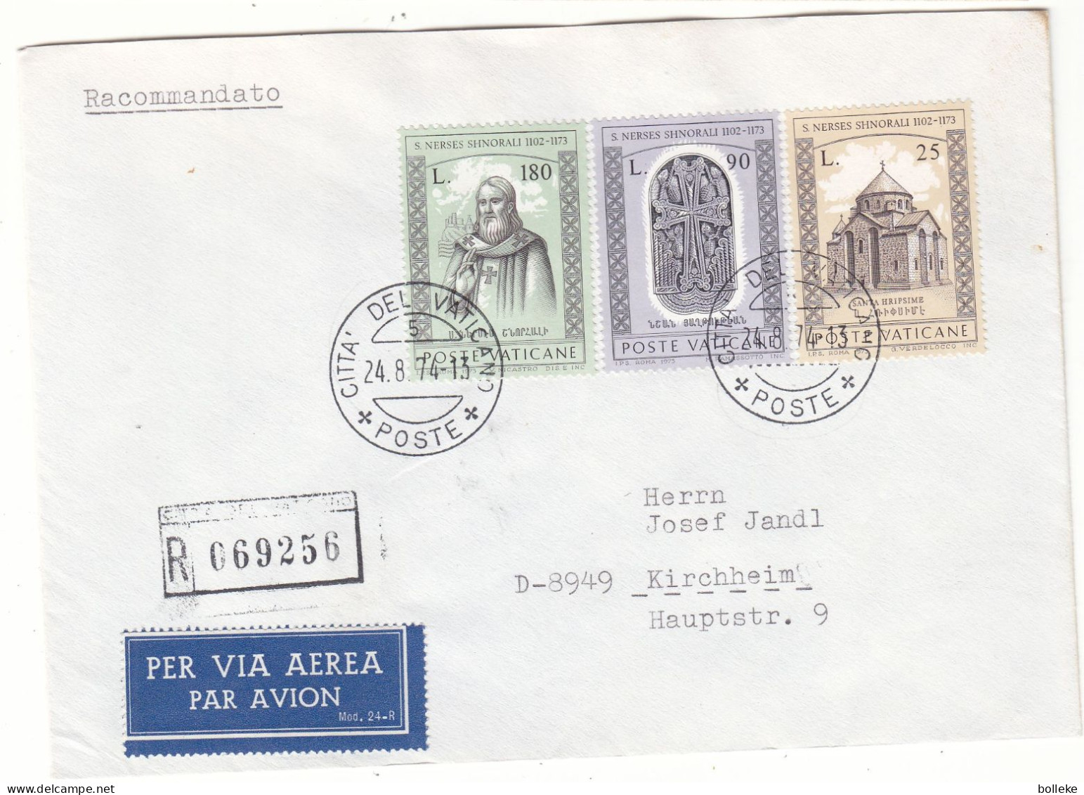 Vatican - Lettre Recom De 1974 - Oblit Citta Del Vaticano - Exp Vers Kirschheim - églises - - Lettres & Documents