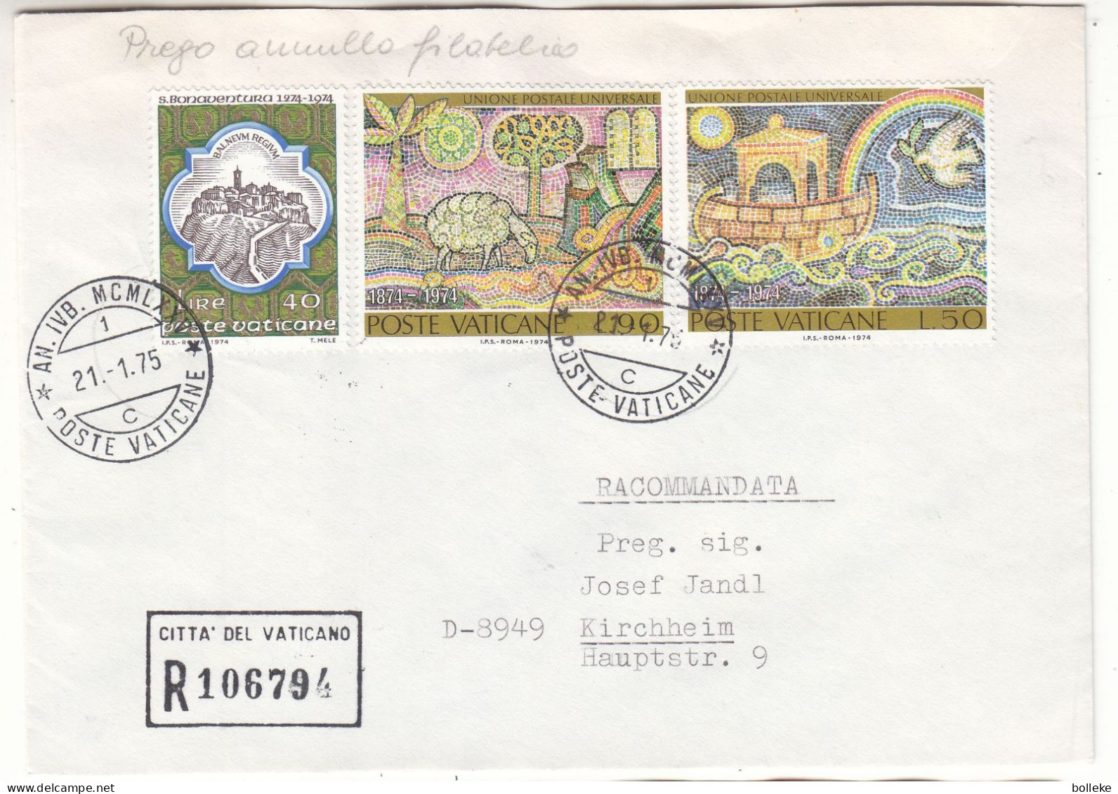 Vatican - Lettre Recom De 1975 - Oblit Poste Vaticane - Exp Vers Kirchheim - - Lettres & Documents