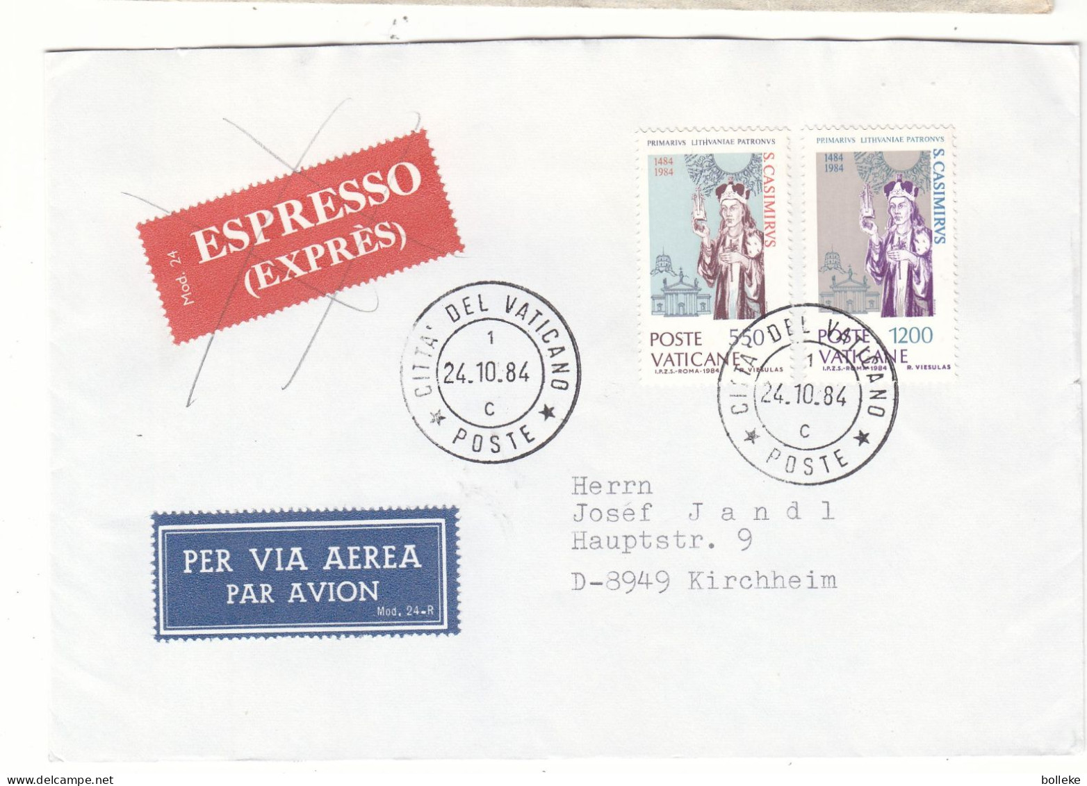 Vatican - Lettre Exprès De 1984 - Oblit Citta Del Vaticano - Exp Vers Kirchheim - - Storia Postale