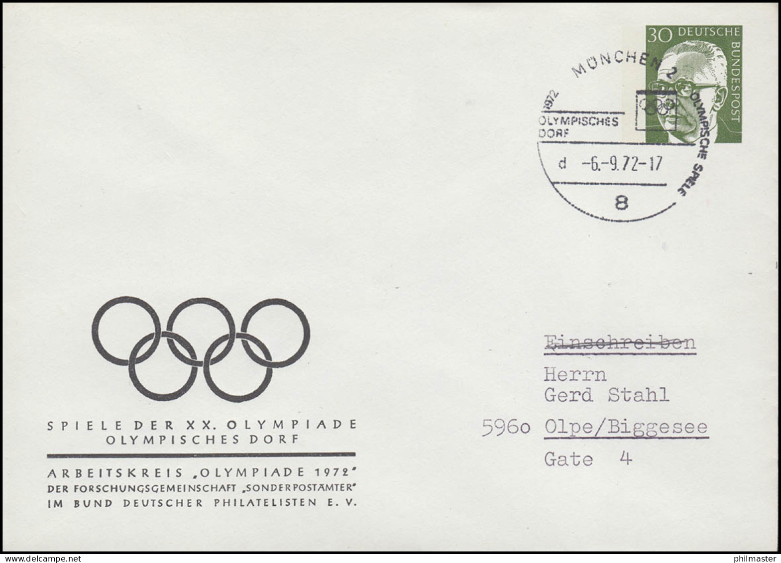 PU 51 Arbeitskreis Olympiade 1972, Heinemann 30 Pf. Grün, SST München Oly. Dorf - Enveloppes Privées - Neuves