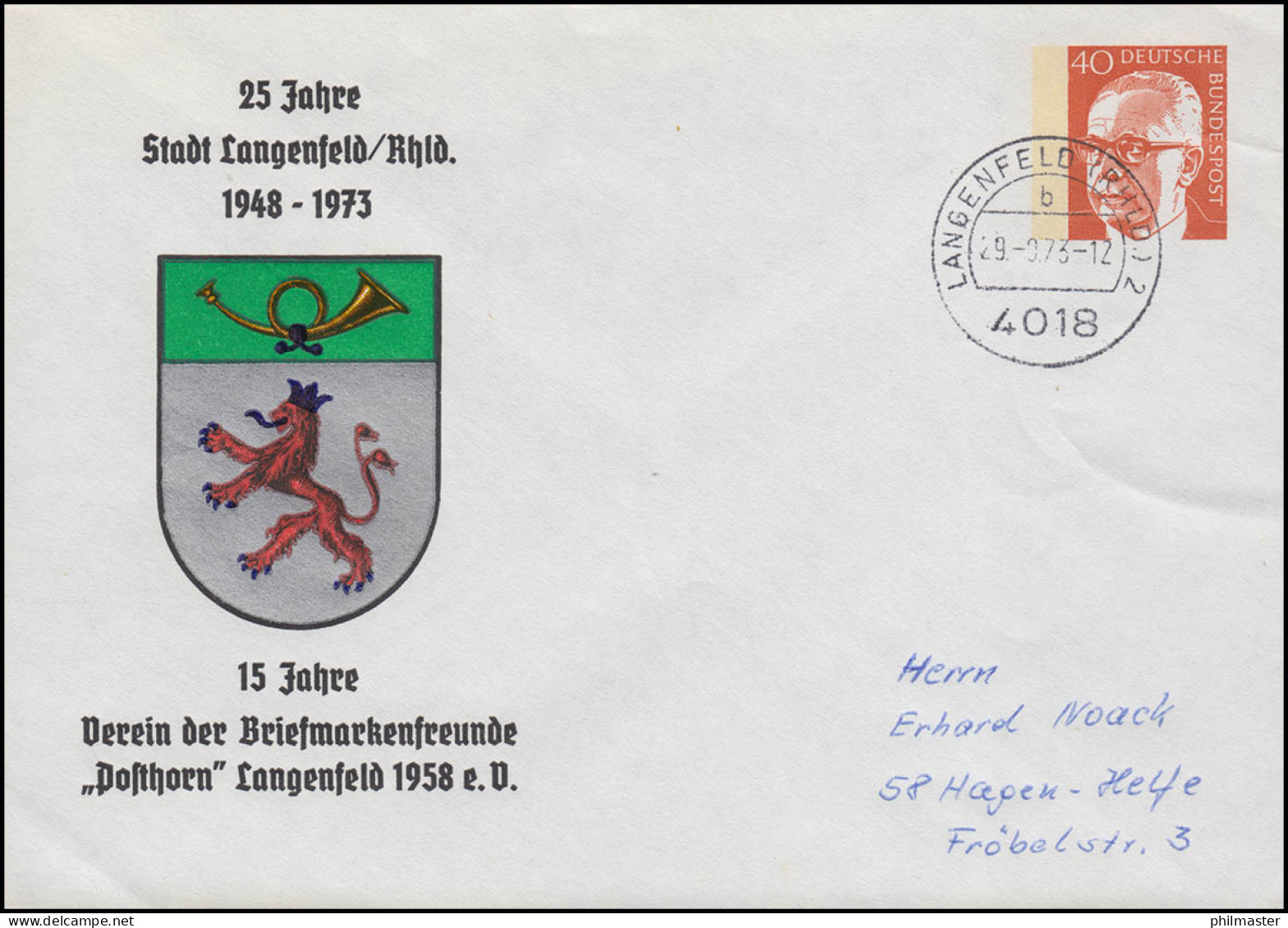 PU 53/27 Stadt Langenfeld / Verein Posthorn, Heinemann 40 Pf., 29.9.1973 - Enveloppes Privées - Neuves
