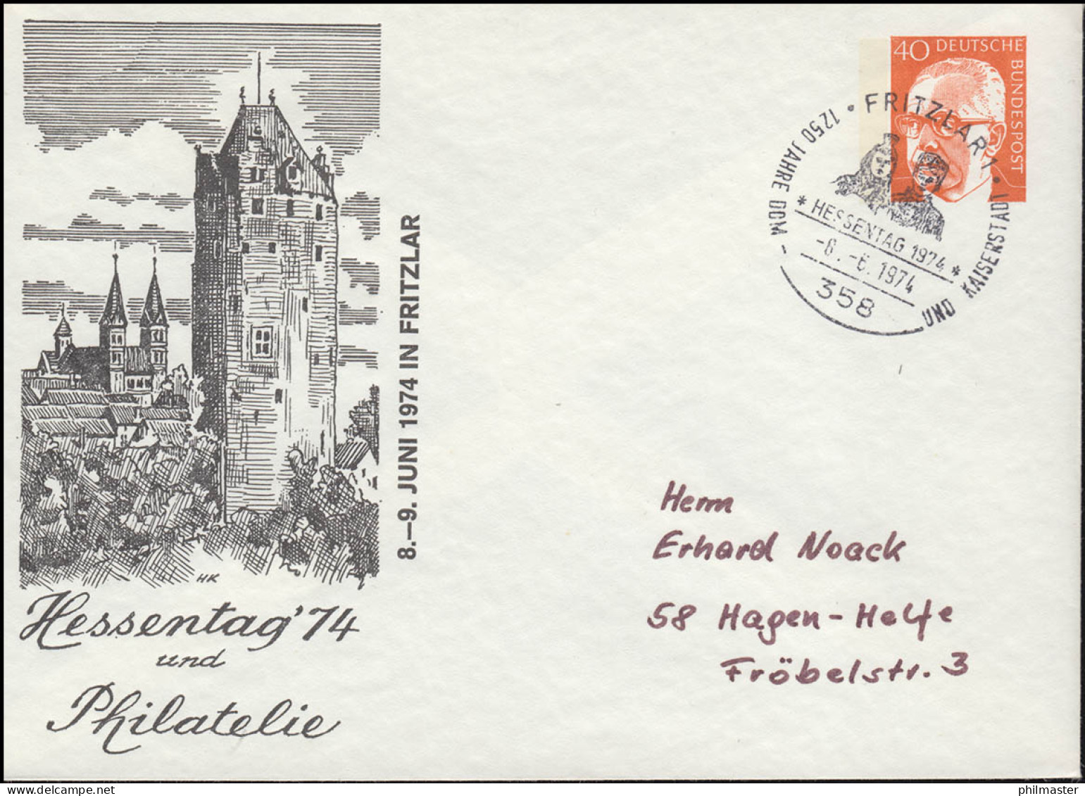 PU 53/30 Hessentag Fritzlar, Heinemann 40 Pf., SST Fritzlar 8.6.1974 - Enveloppes Privées - Neuves