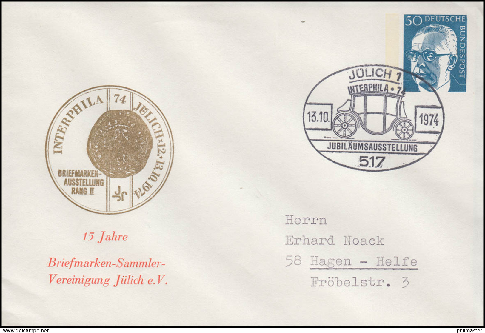 PU 54/8 Interphila Jülich, Heinemann 50 Pf., 13.10.74 - Enveloppes Privées - Neuves