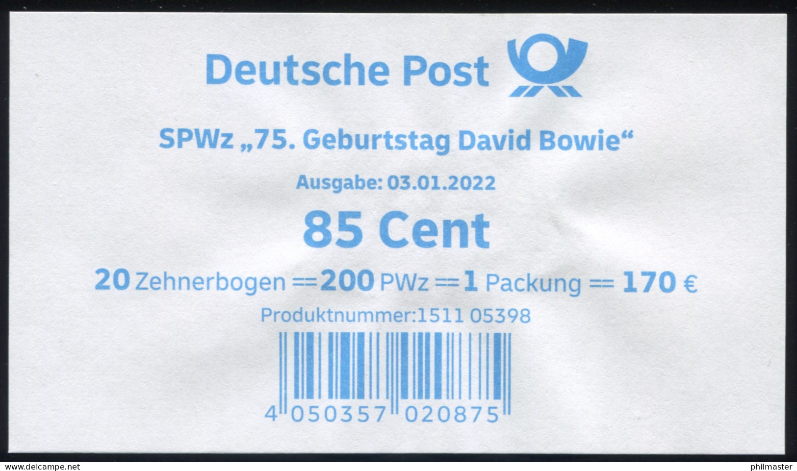 3661 David Bowie, BANDEROLE / AUFKLEBER Für 20 Zehnerbogen - Sonstige & Ohne Zuordnung