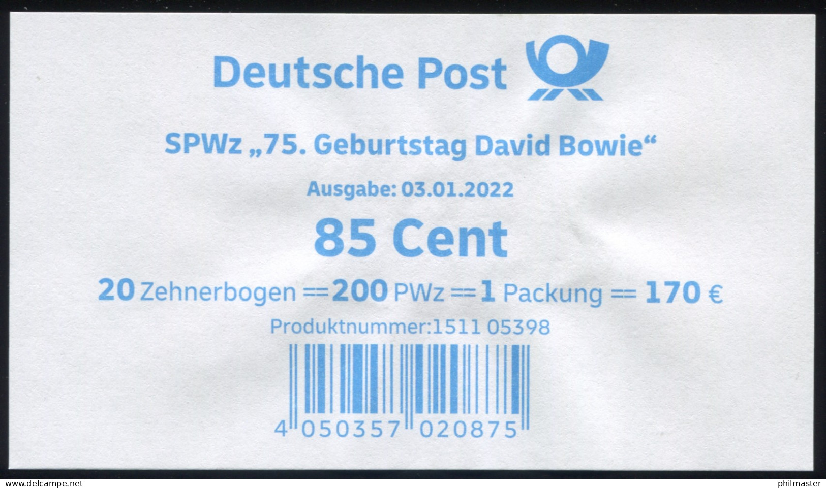 3661 David Bowie, BANDEROLE / AUFKLEBER Für 20 Zehnerbogen - Other & Unclassified
