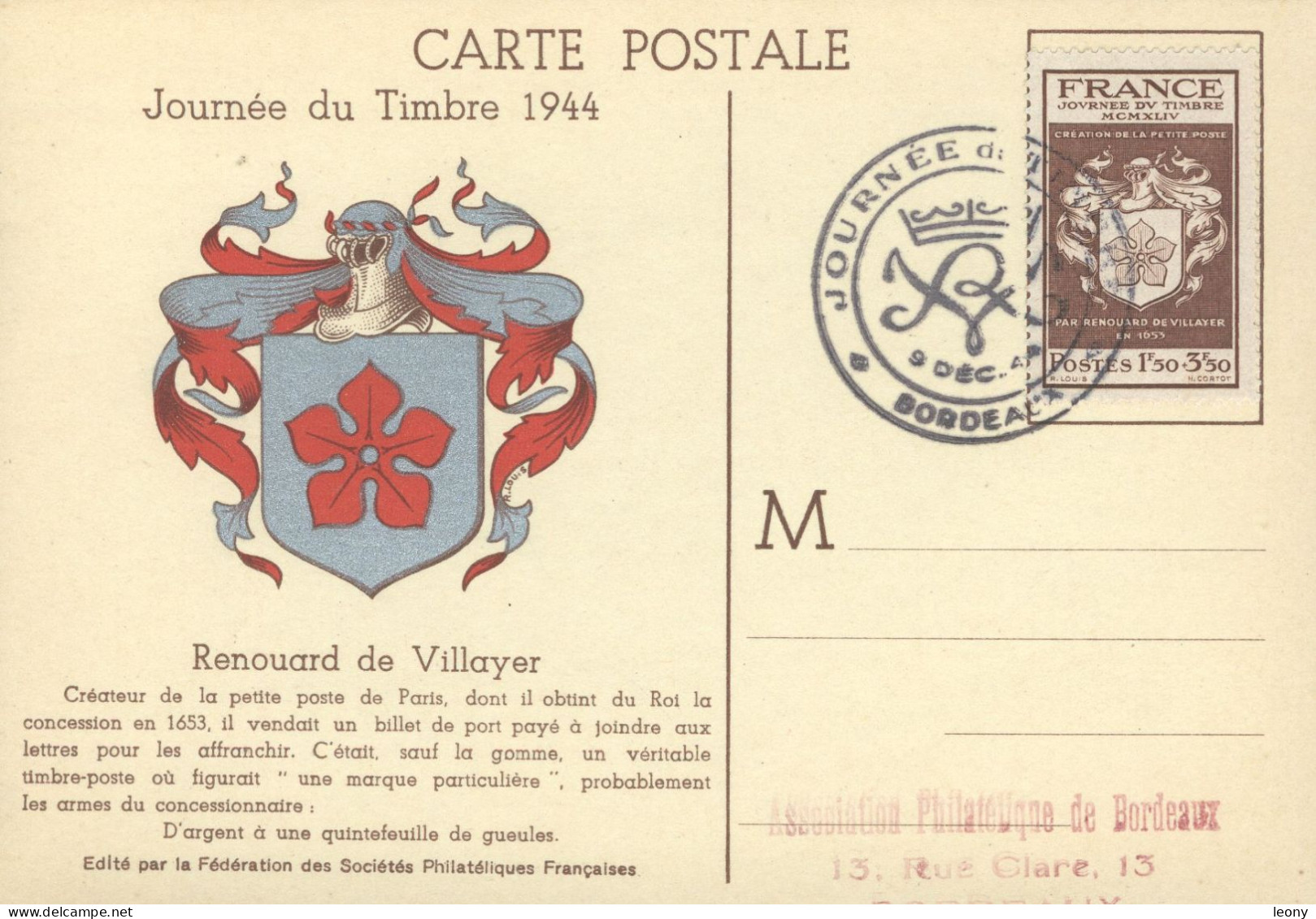 DOCUMENT OFFICIEL "  JOURNEE Du TIMBRE - BORDEAUX 1944 " -  RENOUARD De VILLAYER - ....-1949