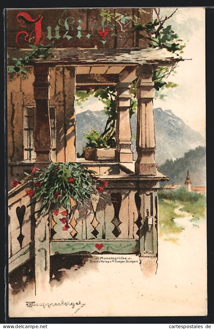 Künstler-AK Theodor Guggenberger: Balkon Mit Blick Zum Ort - Juli  - Guggenberger, T.