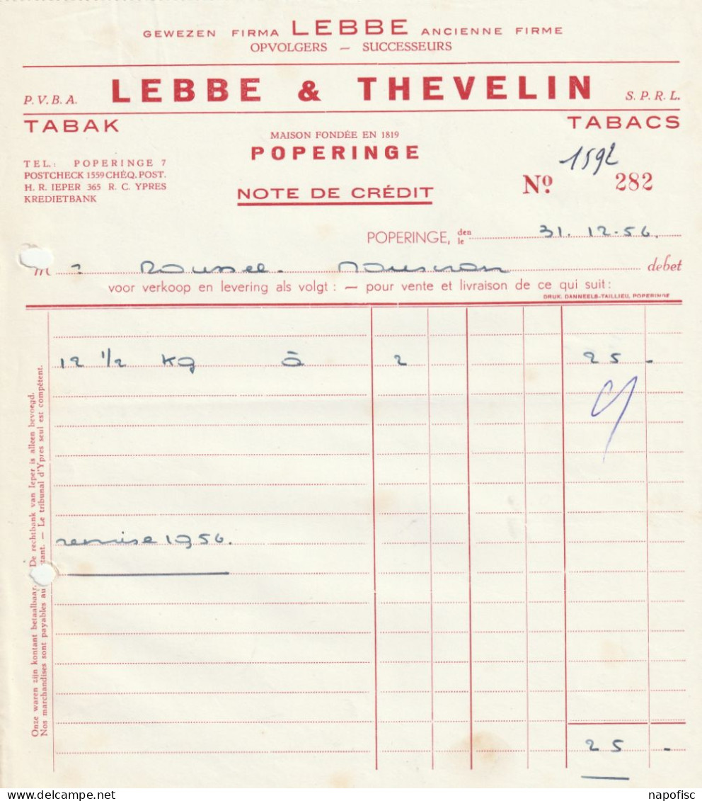104-Lebbe & Thevelin....Tabak-Tabacs... Poperinge...Belgique-Belgie.....1956 - Andere & Zonder Classificatie