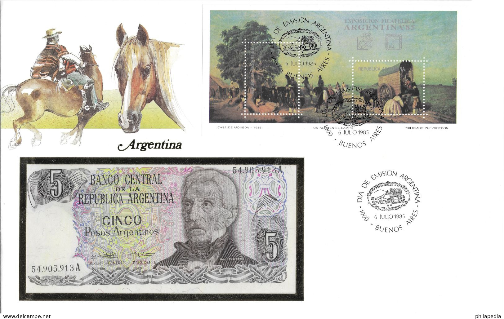 Argentine San Martin Monument National Au Drapeau Gaucho Chevaux Tableau PueyrredonLiberator Libertador ** 1983 5 Pesos - Gravuren