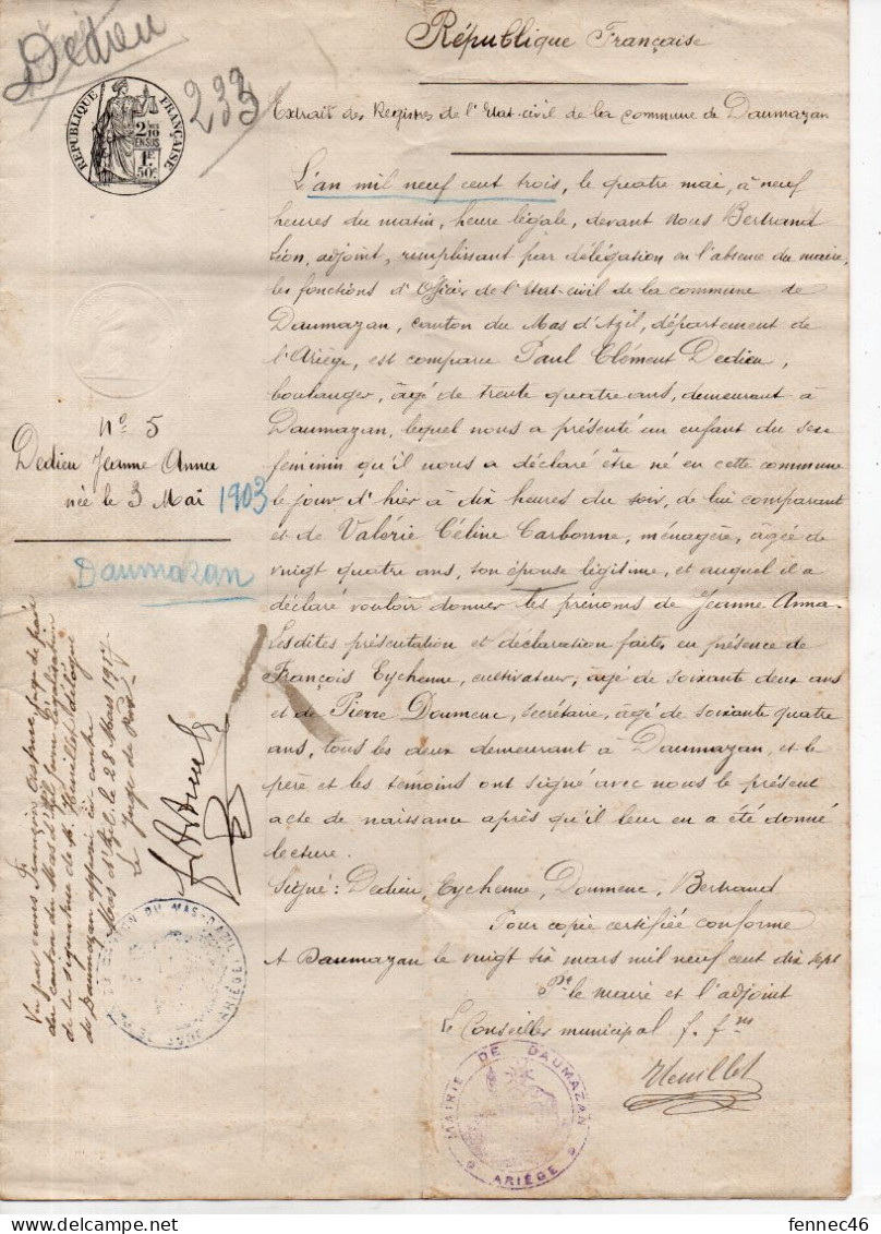 Mairie De DAUMAZAN, ARIEGE - Extrait Acte De Naissance De  Jeanne Annie Dedieu Née Le 3 Mai 1903 (Généalogie) - Manuscrits