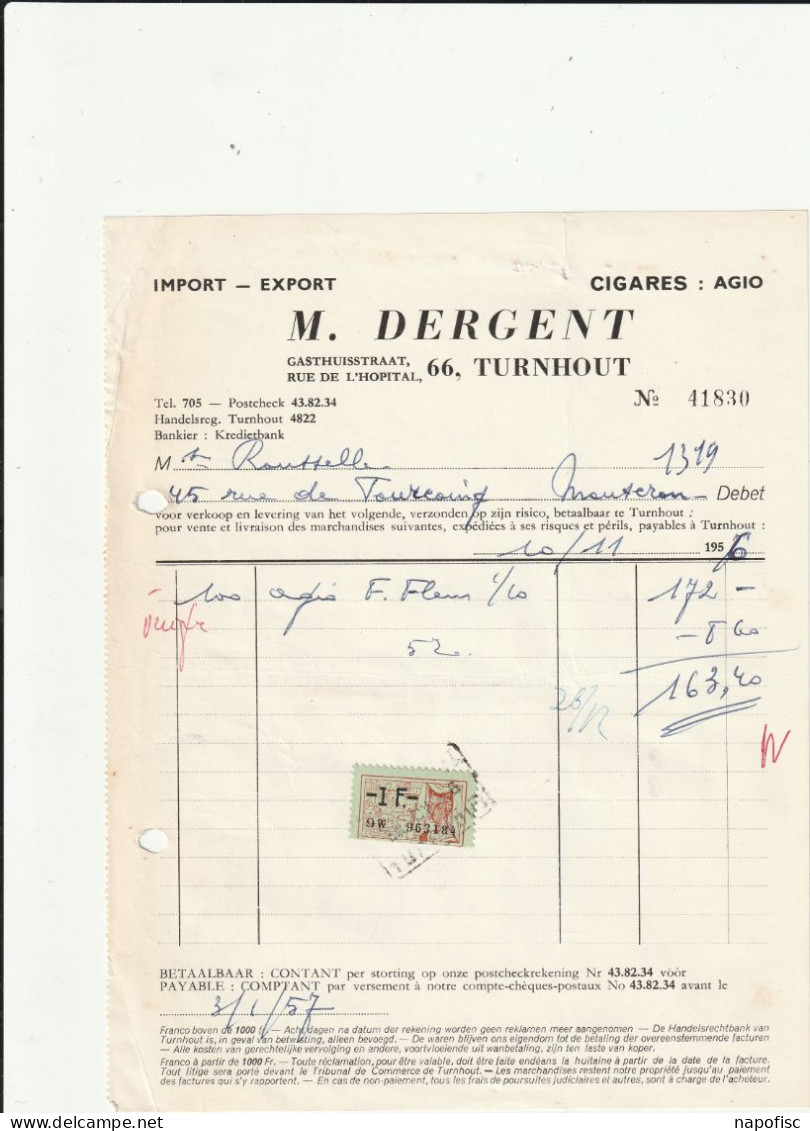 104-M.Dergent....Cigares Agio.. Turnhout...Belgique-Belgie.....1956 - Autres & Non Classés