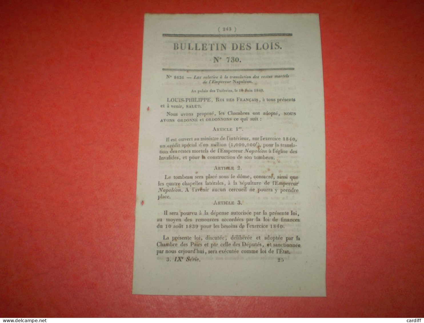 Bulletin Des Lois: Translation Des Restes Mortels De Napoléon. Pont Suspendu Avec Tarifs De Passage Lacq Abidos - Decreti & Leggi