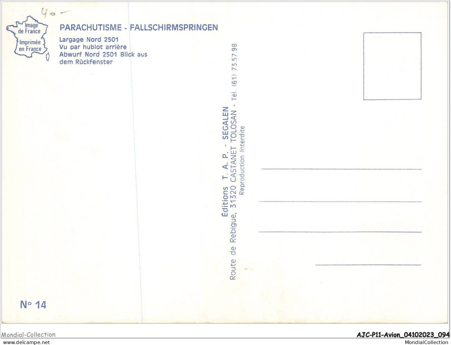 AJCP11-1064- AVION - PARACHUTISME - FALLSCHIRMSPRINGEN - LARGAGE NORD 2501 - 1946-....: Moderne