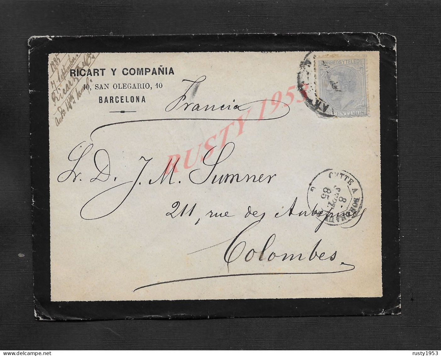 ESPAGNE LETTRE COMMERCIALE SUR TIMBRE DE RICART Y COMPANIA BARCELONE CACHET DE CETTE À BORDEAUX 1885 POUR COLOMBES : - Cartas & Documentos