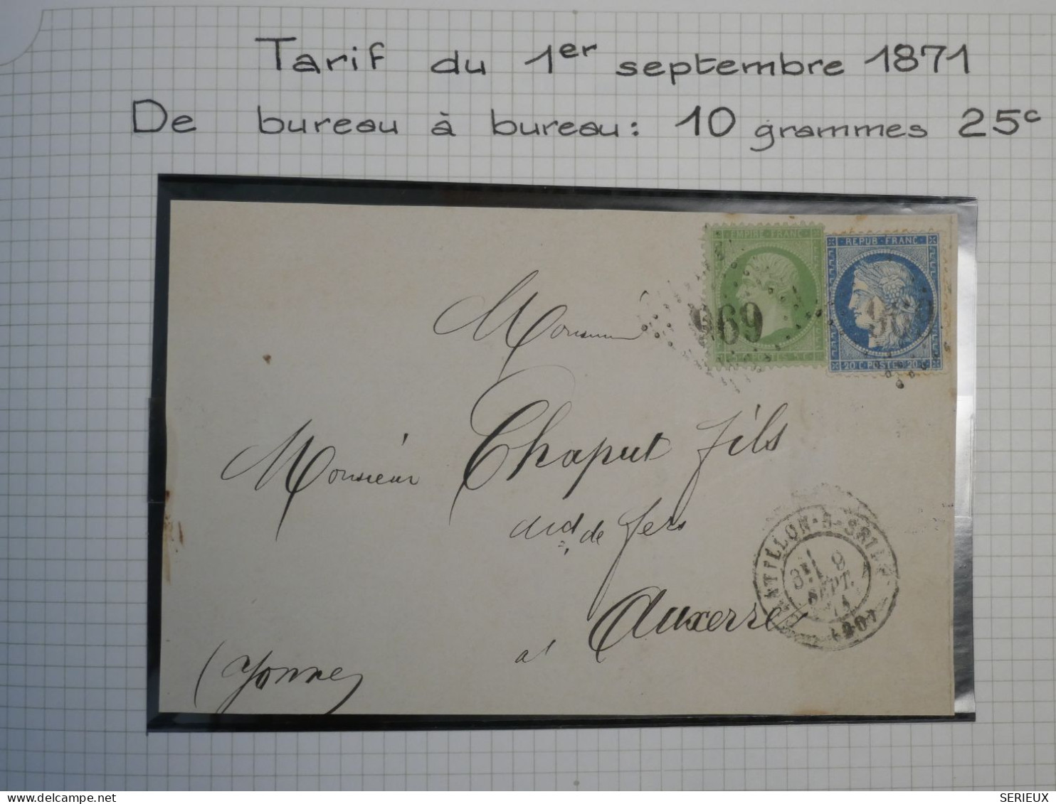 DM 16 FRANCE  LETTRE DEVANT  SEPT 1871 PETIT BUREAU CHATILLON A AUXERRE +5C  + VU BEHR .DISPERSION COLLECTION++ - 1849-1876: Période Classique