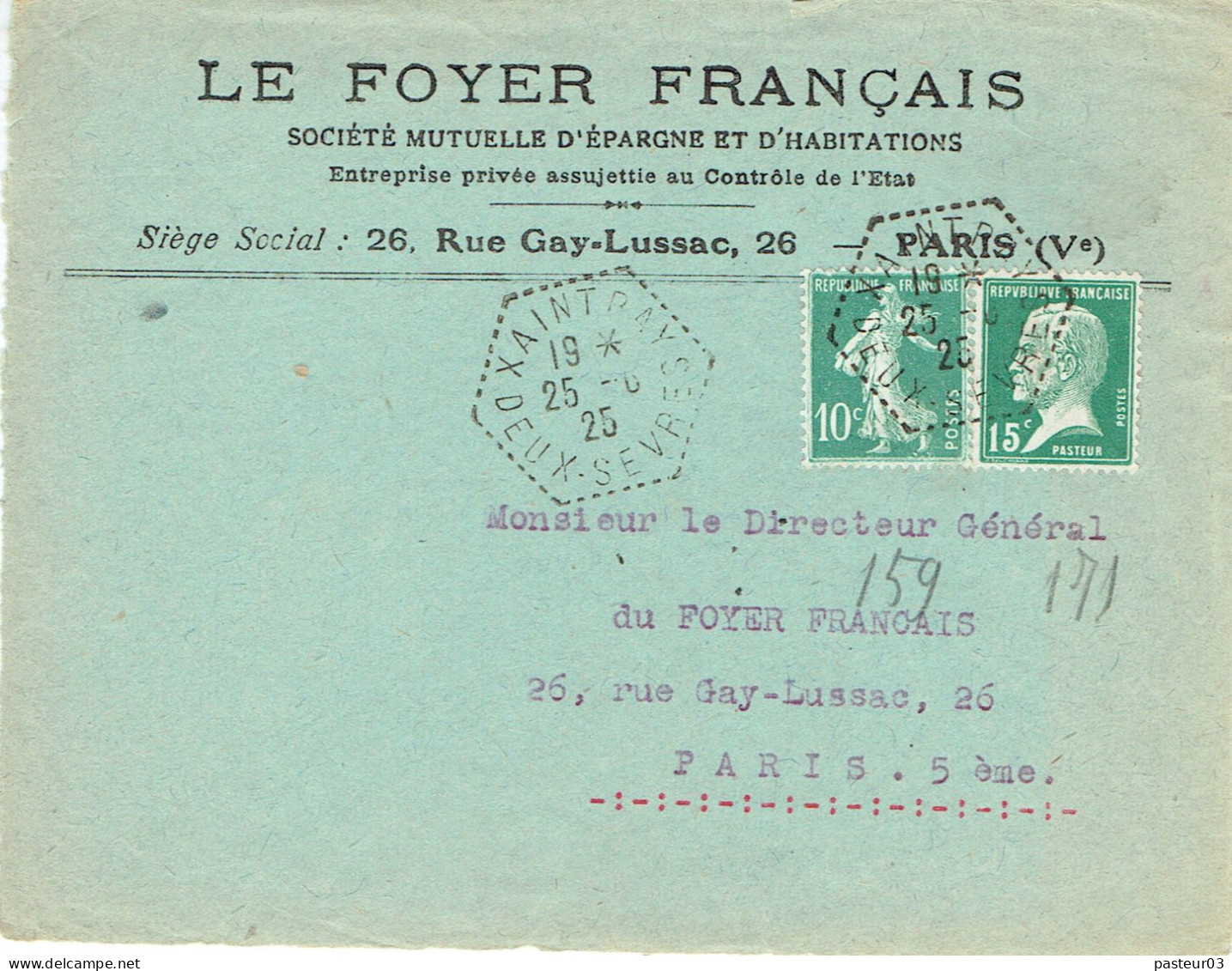 Tarifs Postaux France Du 25-03-1924 (05) Pasteur N° 170 15 C. + 10 C. Semeuse  Lettre 20 G. RAR XAINTRAY 7-7-1925 Devant - 1922-26 Pasteur