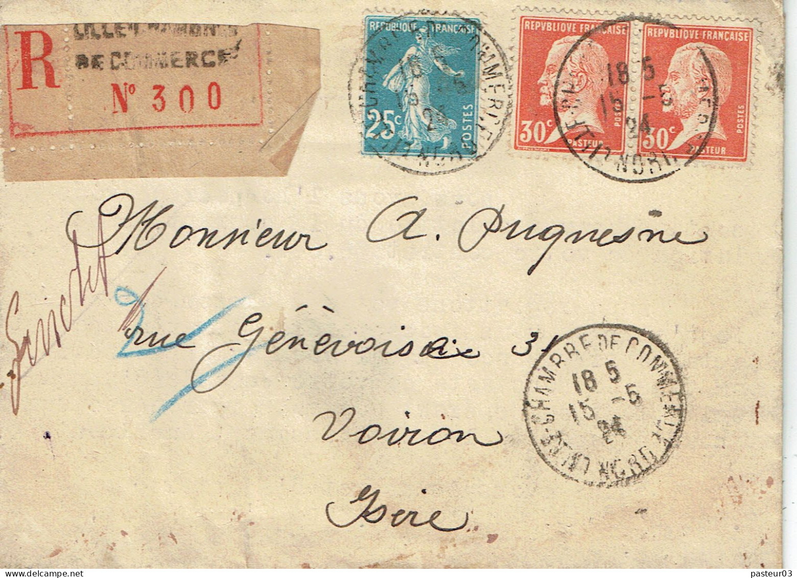 Tarifs Postaux France Du 25-03-1924 (10) Pasteur N° 173 30 C. X 2 + 25 C. Semeuse LR 1er CCI Lille 15-05-1924 - 1922-26 Pasteur