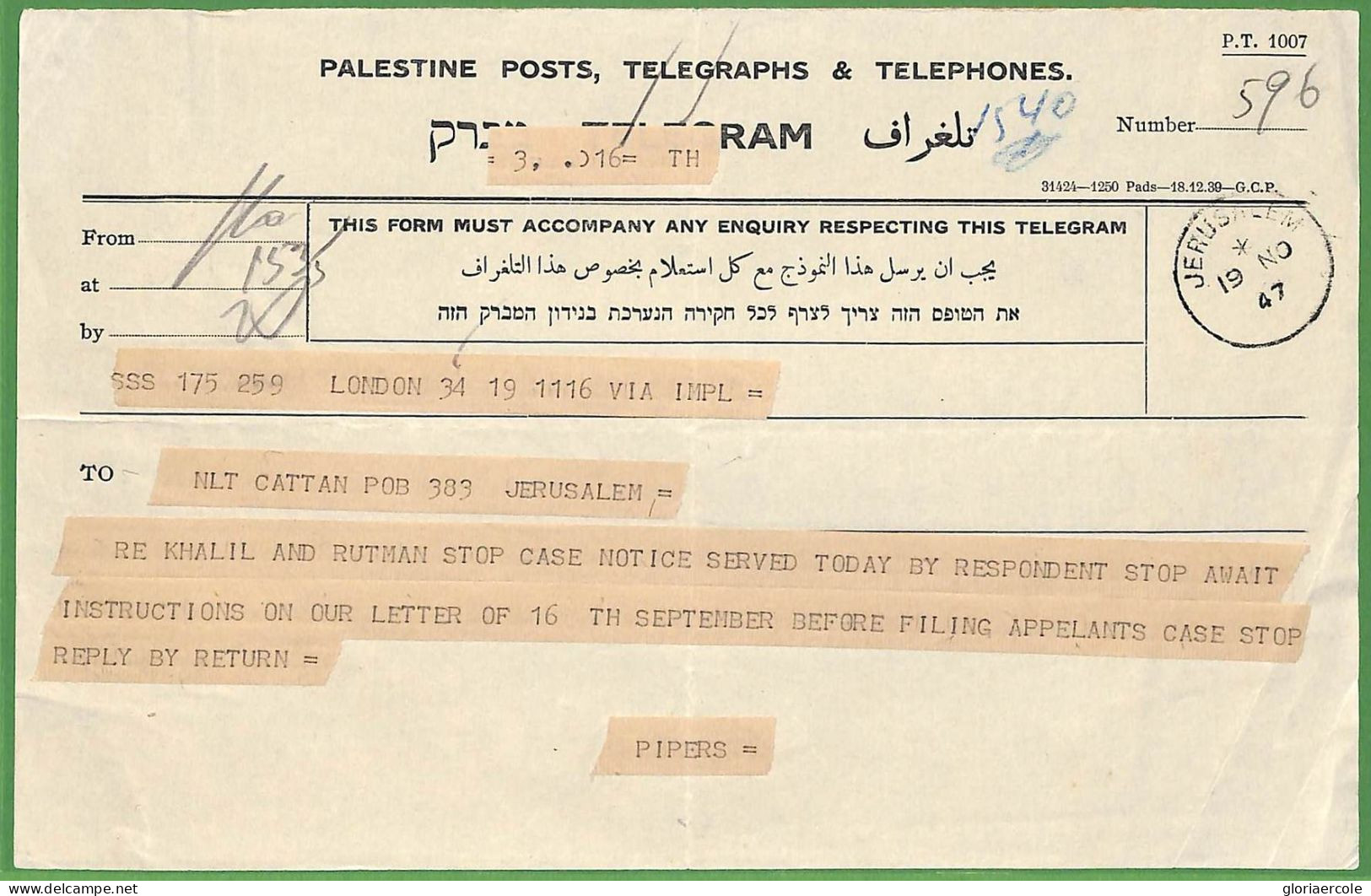 ZA1588 - PALESTINE Israel - POSTAL HISTORY - TELEGRAM  Jerusalem  1947 - Palestina