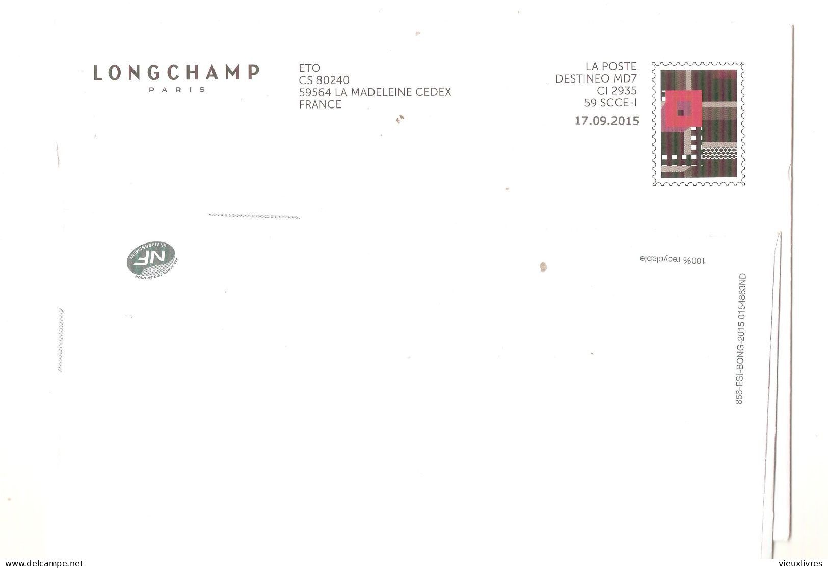 Longchamp Pseudo-entier Postal Sur Enveloppe Destineo MD7 CI 2935 59 SCCE-1 CS 80240 59564 La Madeleine - Pseudo-entiers Privés
