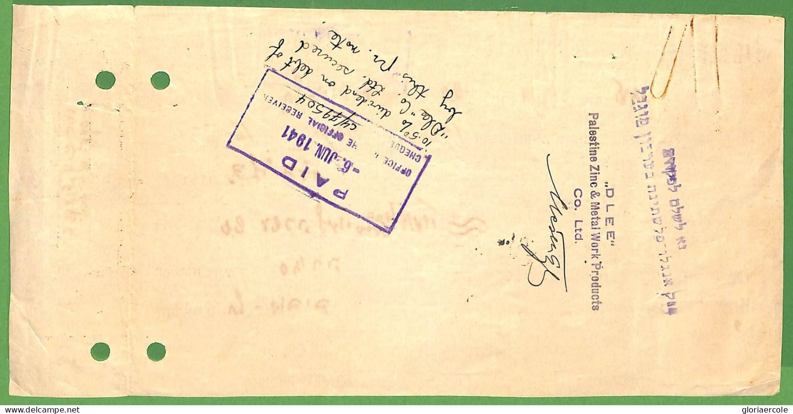 ZA1591 - PALESTINE Israel - POSTAL HISTORY - REVENUE Stamp  On CHECK 1936 - Palästina