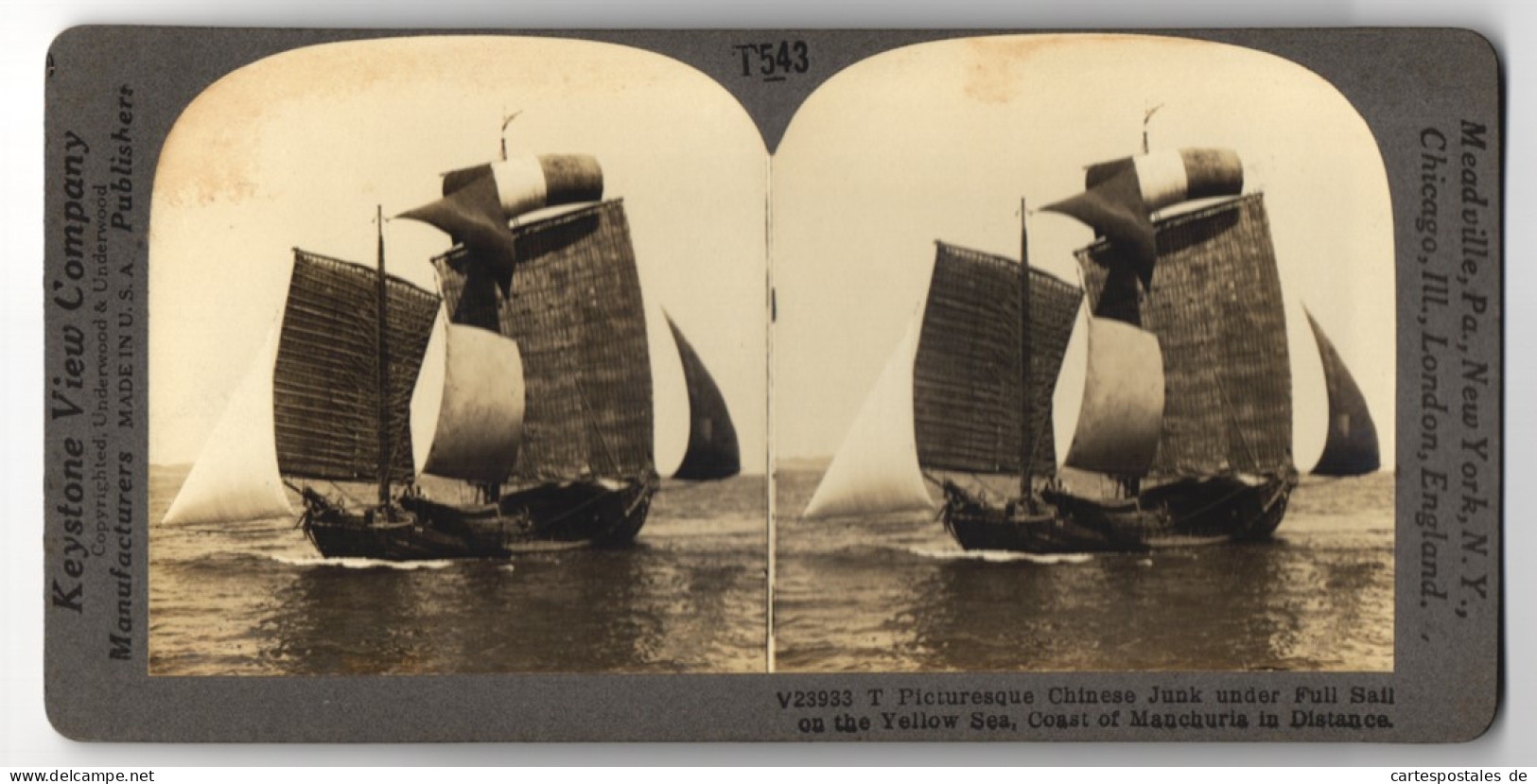Stereo-Fotografie Keystone View Co., Meadville, Ansicht Manchuria, Chinese Junk Under Full Sail On The Yellow Sea  - Stereo-Photographie