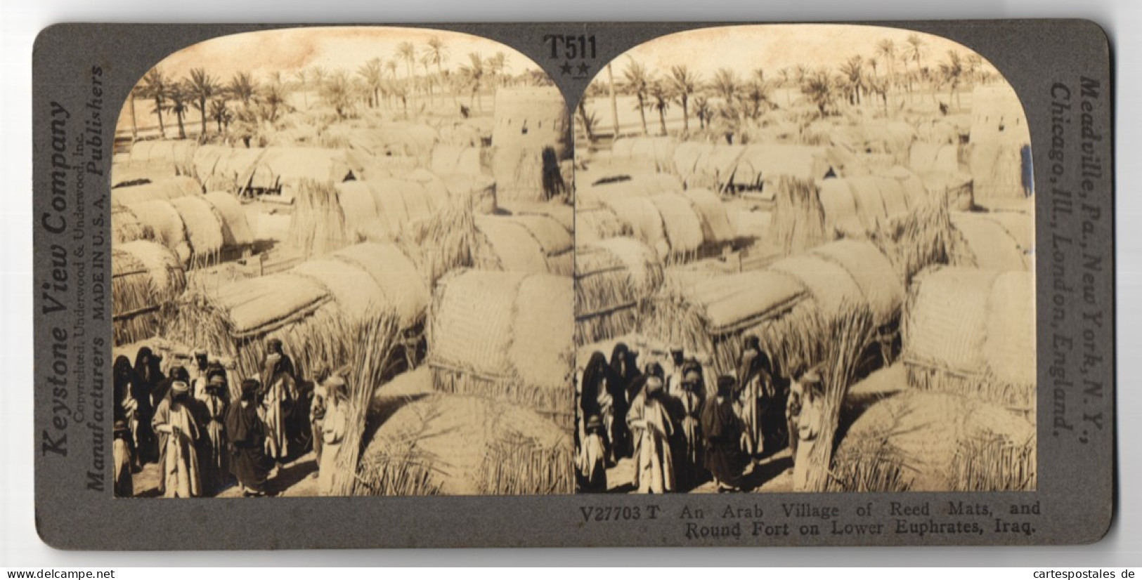 Stereo-Fotografie Keystone View Co., Meadville, Ansicht Iraq, Arab Villag Of Reed Mats And Round Fort On Lower Euphrats  - Stereo-Photographie