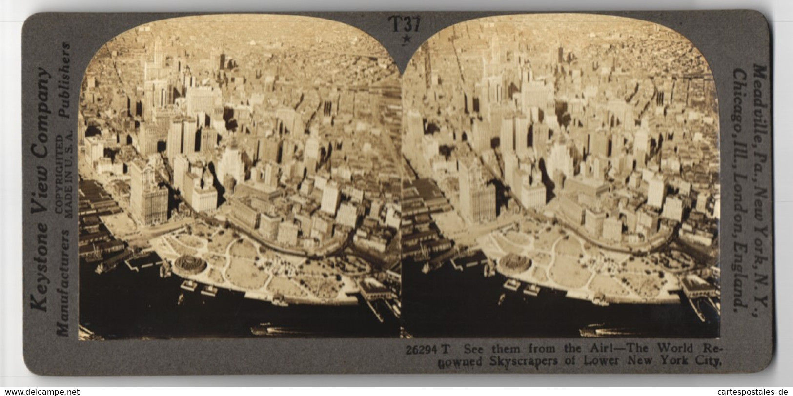 Stereo-Fotografie Keystone View Co., Meadville, Ansicht New York City / NY, Skyscrapers Of The Lower New York From Air  - Stereo-Photographie