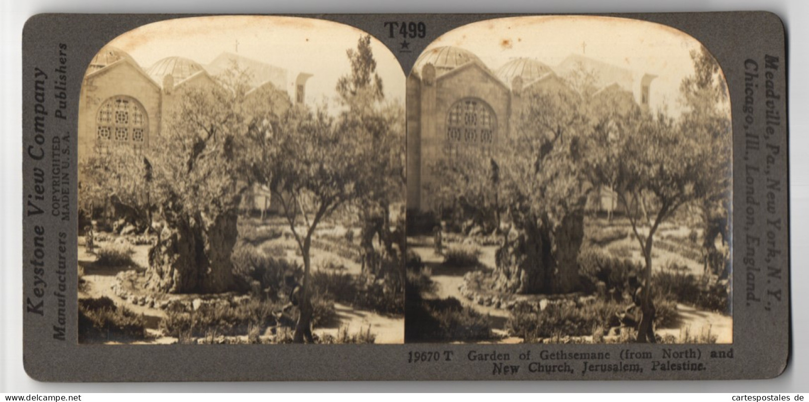 Stereo-Fotografie Keystone View Co., Meadville, Ansicht Jerusalem, Garden Of Gethsemane And New Church  - Stereo-Photographie