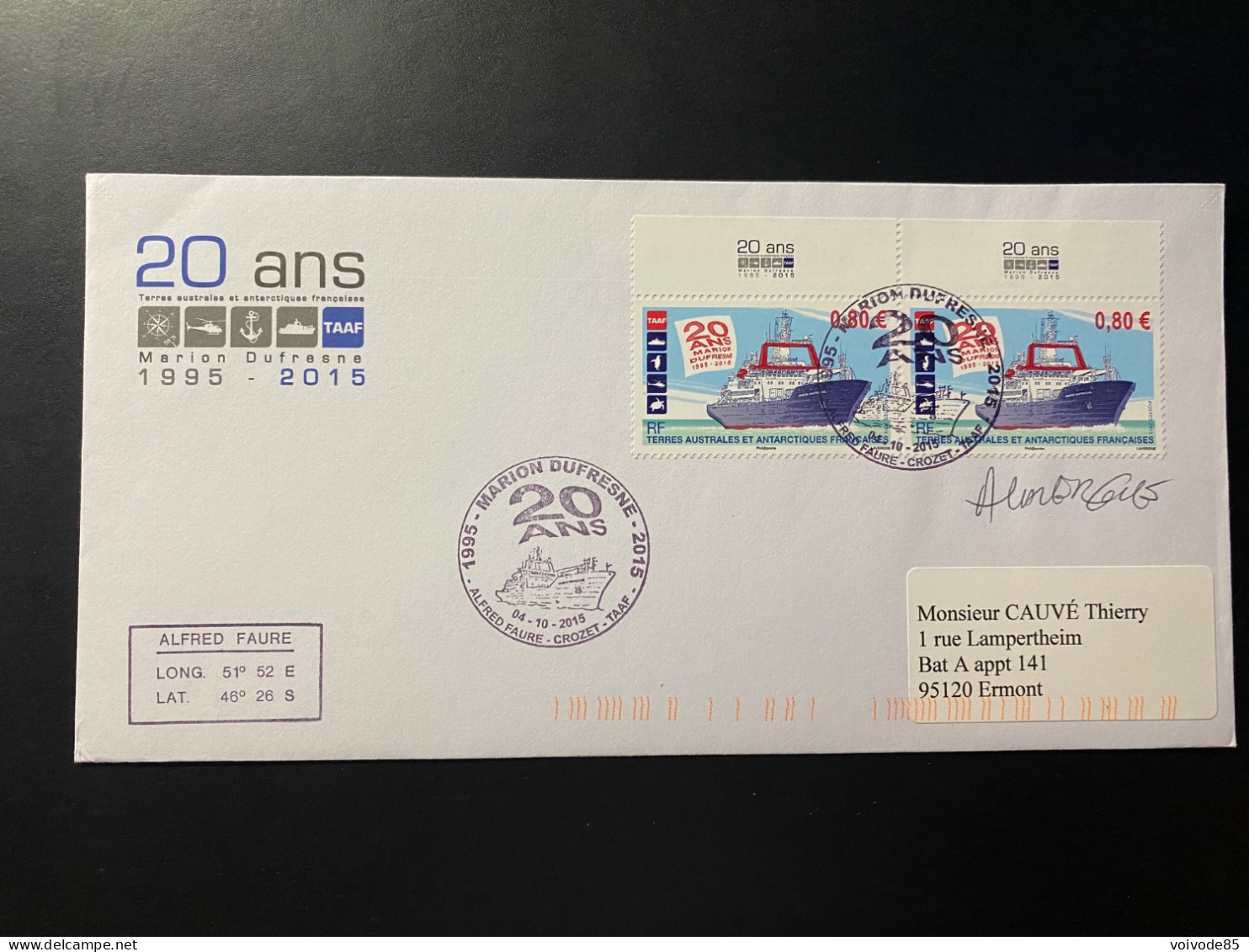 Lettre "Bateaux - 20 Ans Marion Dufresne" 04/10/2015 - 751/752 - TAAF - Crozet - Storia Postale