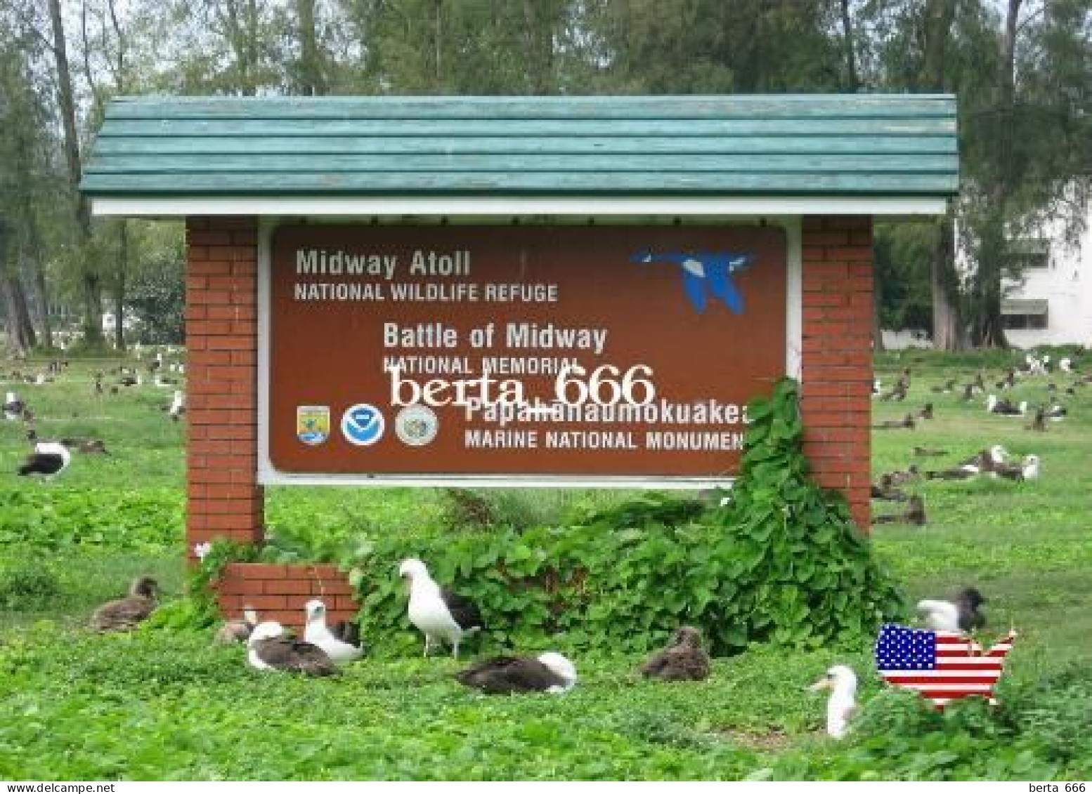 United States Midway Atoll Battle Memorial Sign New Postcard - Isole Midway