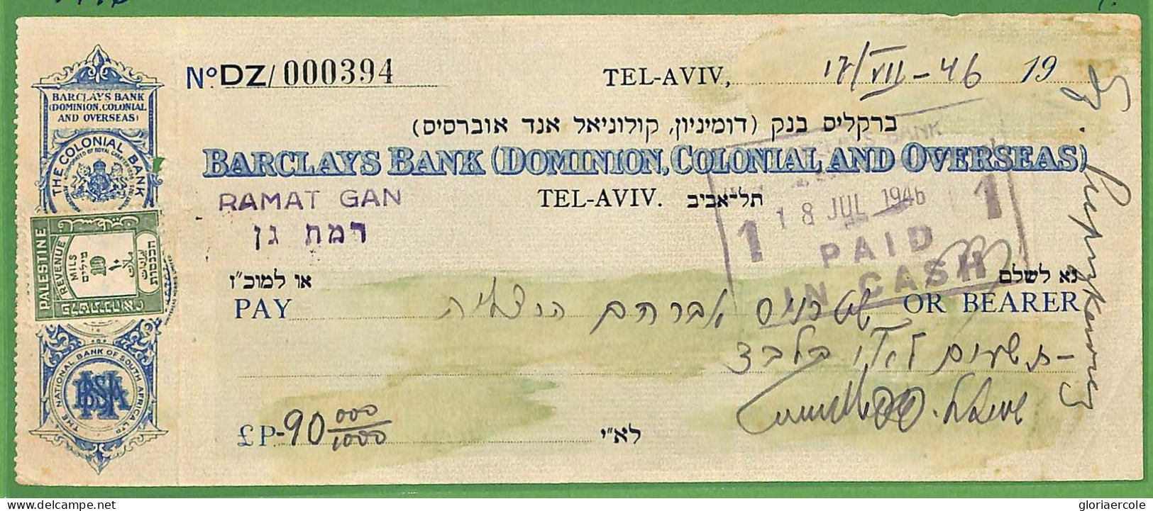 ZA1599 - PALESTINE Israel - POSTAL HISTORY - REVENUE Stamp CHECK 1946 Barclay's - Palestine