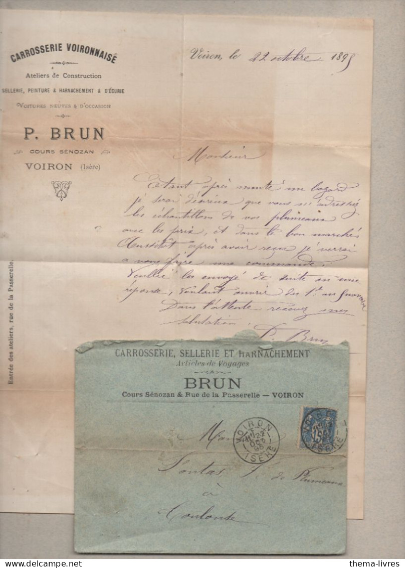 Voiron (35 Isère)  Facture + Enveloppe 1895  P.BRUN  Carrosserie Sellerie  Arnachement  (PPP47032) - 1800 – 1899