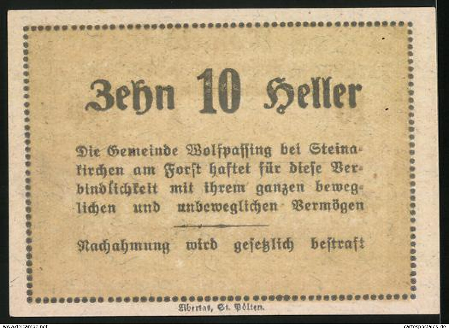 Notgeld Wolfpassing Bei Steinakirchen 1920, 10 Heller, Blick Aufs Schloss  - Austria