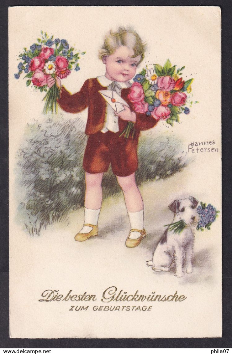 Hannes Petersen - Die Beste Gluckwunsche Zum Geburtstage / Boy With Letter And Flowers / Postcard Circulated, 2 Scans - Petersen, Hannes