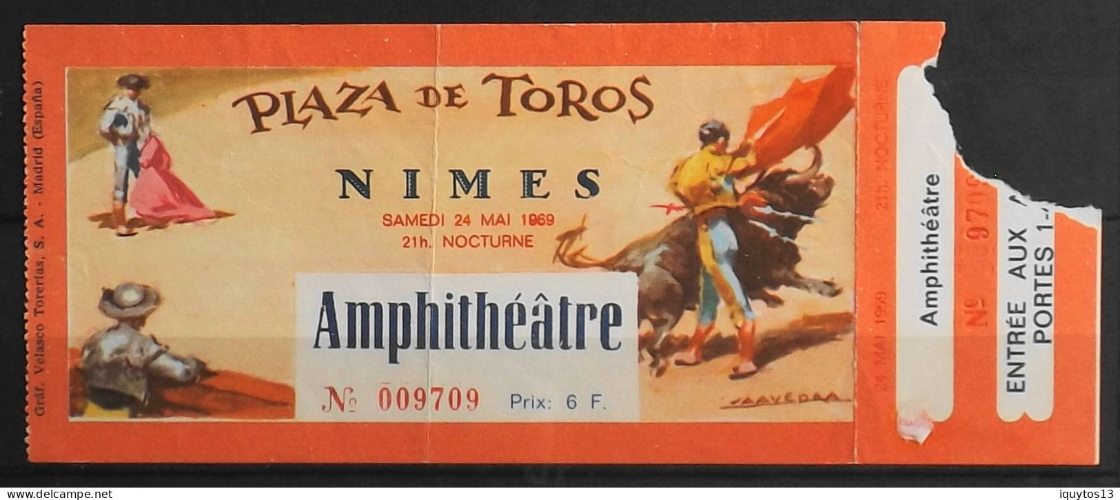 BILLET - CORRIDA - Plaza De Toros - NIMES Dimanche 24 Mai 1969 Nocturne - Amphitéâtre - BE - Tickets D'entrée