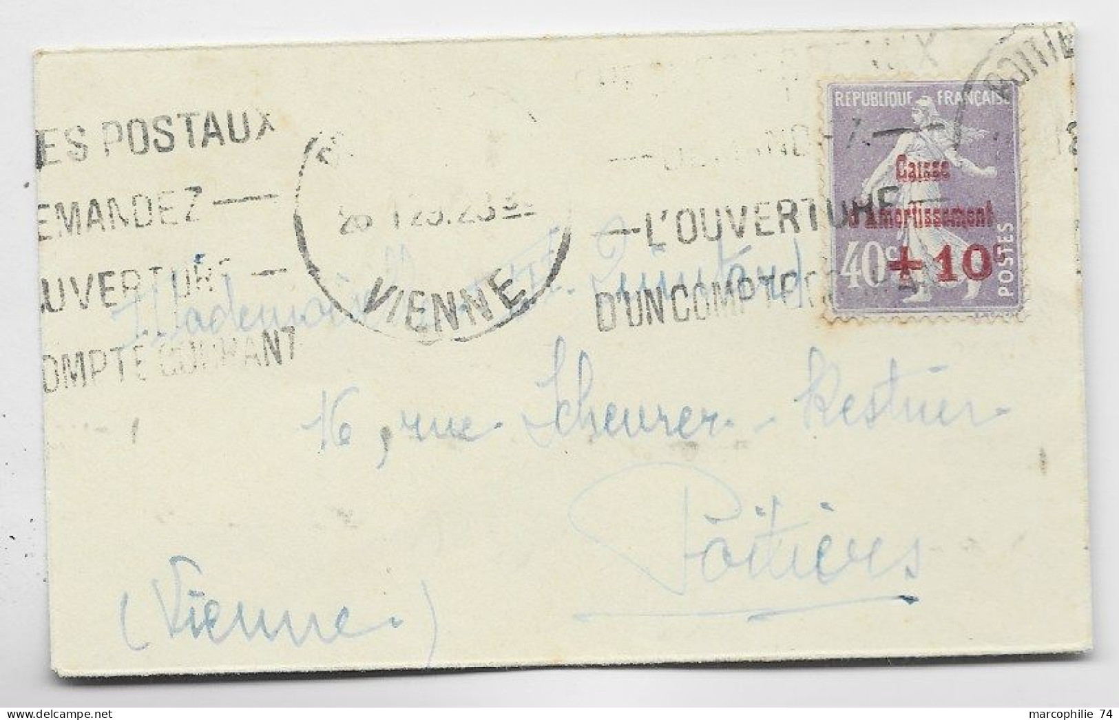 FRANCE CAISSE MORTISSEMENT 40C VIOLET SEUL MIGNONNETTE POITIERS 1929 AU TARIF - 1927-31 Caisse D'Amortissement