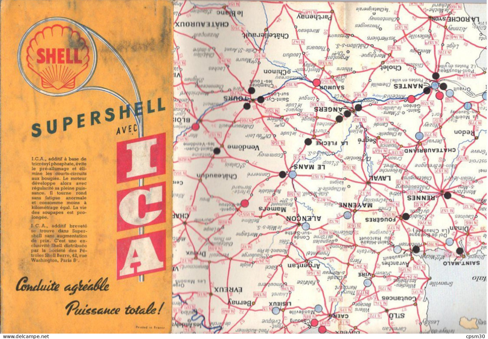 Carte Routière France Des Stations Ouvertes La NUIT Par SHELL Berre, 46x90 Cm 1954 - Wegenkaarten