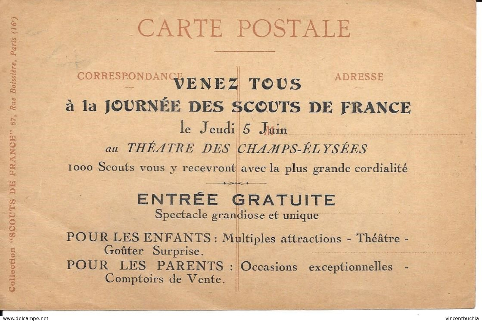 Carte Souple Fine Scout De France Obéit 7 P. Coze; Dos Journées Scout France Théatre Champs Elysées Paris 5 Juin - Scoutisme