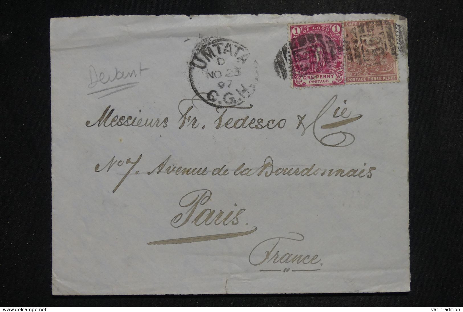 CAP DE BONNE ESPÉRANCE - Devant D'enveloppe De Umtata Pour Paris En 1897 - L 151471 - Cabo De Buena Esperanza (1853-1904)