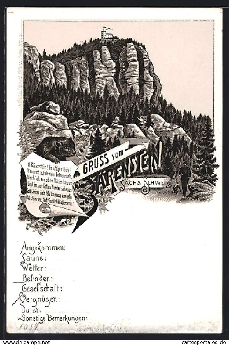 Lithographie Weissig / Sächs. Schweiz, Gasthof Auf Dem Bärenstein  - Baerenstein