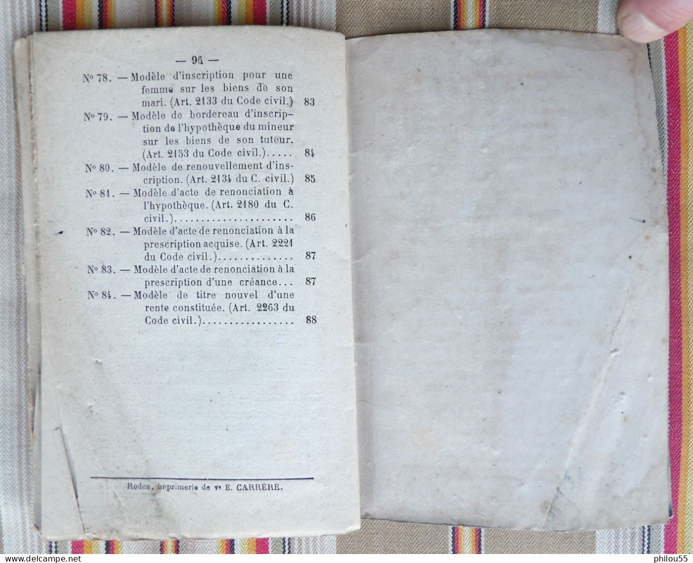 12 RODEZ Ve E. CARRERE Formulaire du Code Civil pour les Actes sous Seing Prive par M. BARTHE 1875