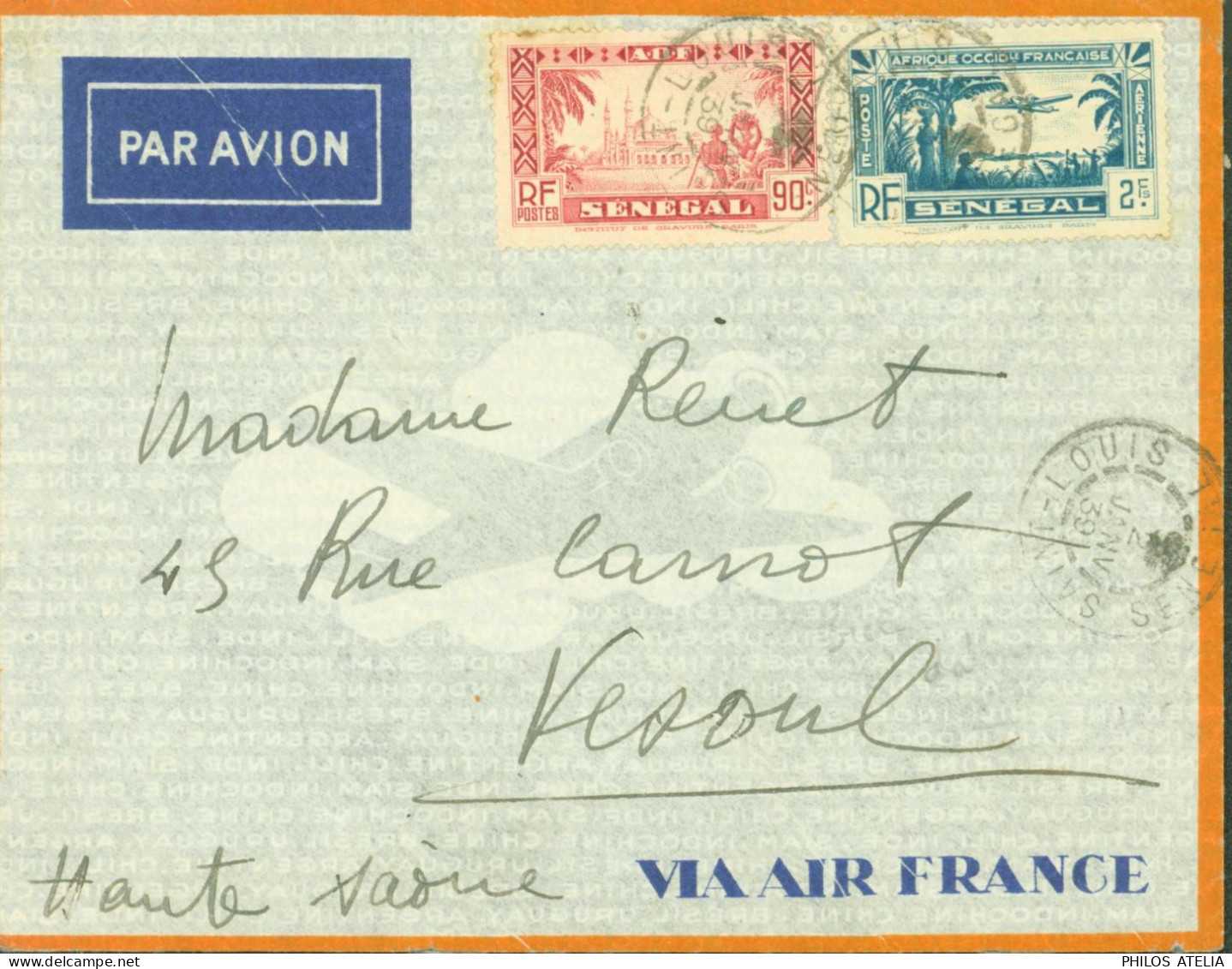 Sénégal Par Avion Via Air France YT Sénégal N°128 + Poste Aérienne N°5 CAD Saint St Louis 2 JANVIER 1939 - Airmail