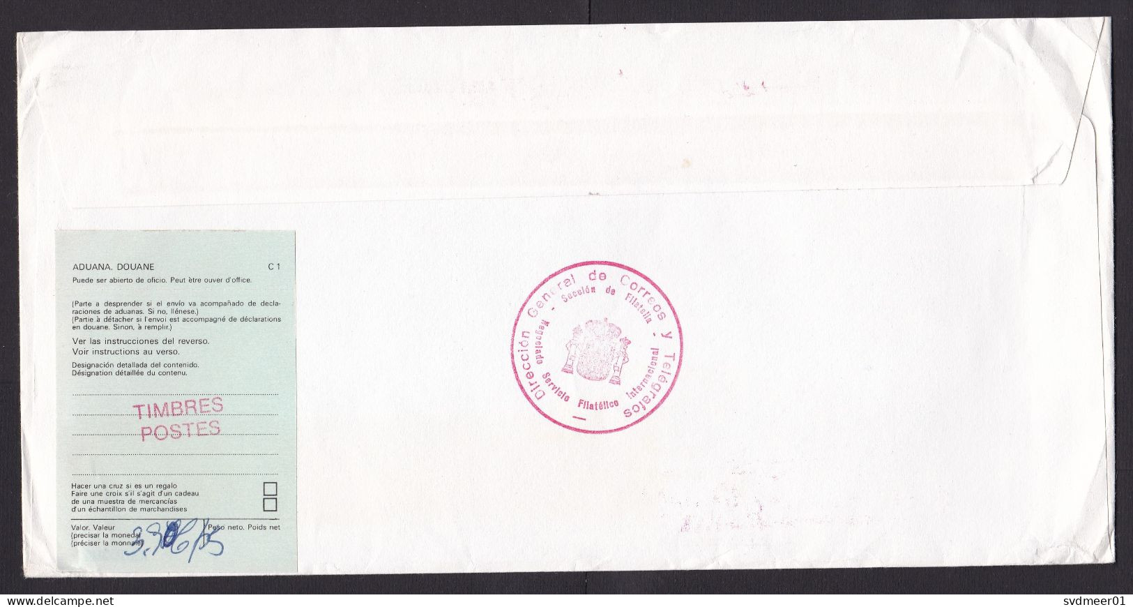 Spain: Registered Postal Service Cover To Netherlands, 1992, C1 Customs Label, Customs Control Cancel (minor Damage) - Lettres & Documents