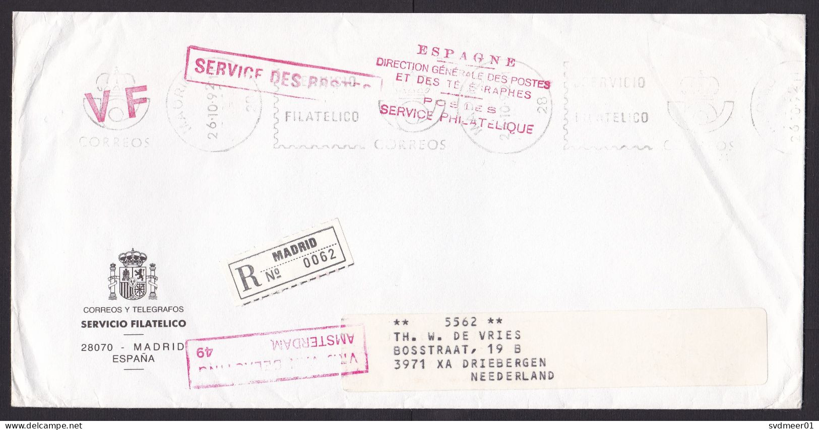 Spain: Registered Postal Service Cover To Netherlands, 1992, C1 Customs Label, Customs Control Cancel (minor Damage) - Covers & Documents