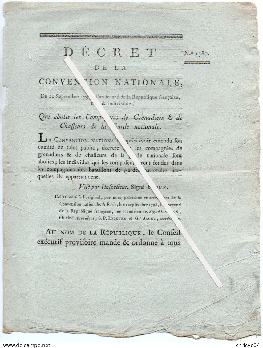 3V4x   Décret De La Convention Nationale 1793 Compagnies De Grenadiers Et Chasseurs De La Garde Nationale - Decreti & Leggi