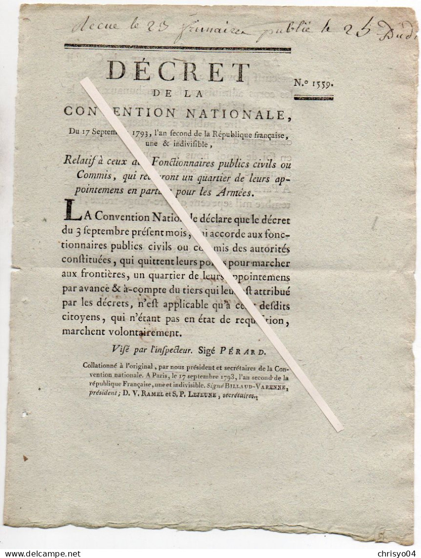 3V4x   Langres Décret De La Convention Nationale 1793 Appointements Civils Ou Commis Partant Pour Les Armées - Decreti & Leggi
