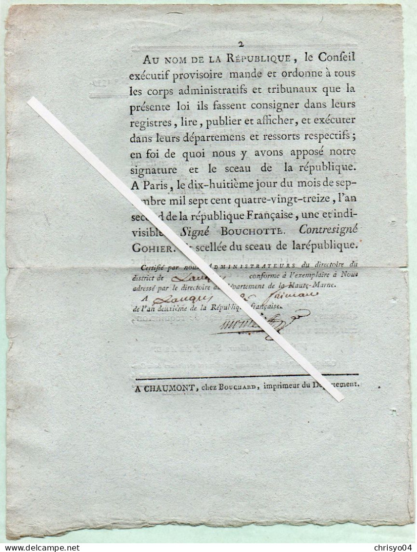 3V4x   Langres Décret De La Convention Nationale 1793 Appointements Civils Ou Commis Partant Pour Les Armées - Decreti & Leggi