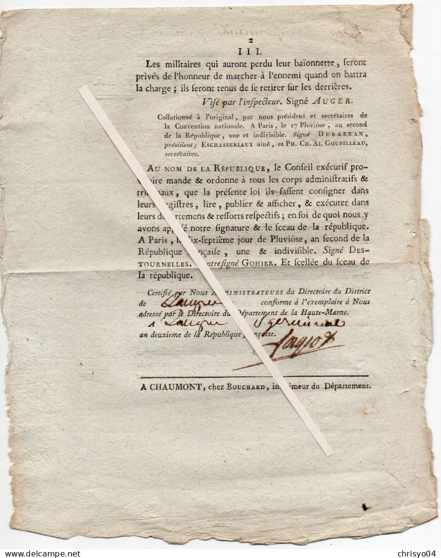 3V4x   Langres Décret De La Convention Nationale 1794 Militaires Armes Baïonnettes Entrant Dans Les Hopitaux - Decreti & Leggi